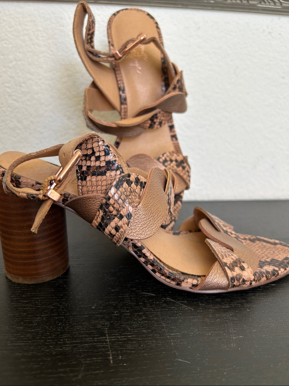Crown Vintage Tan Snake-Print Block Heels with Rose Gold Buckle